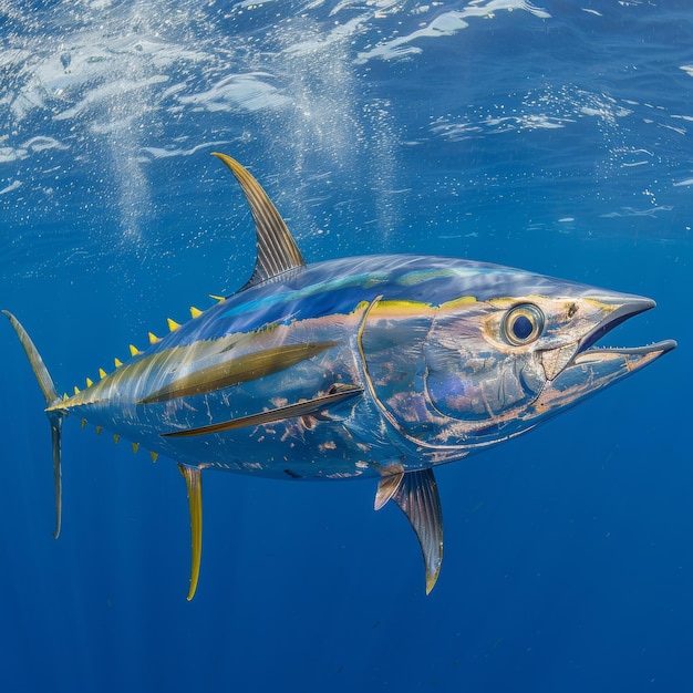 Photo yellowfin tuna thunnus albacares swimming in the blue water hunting ocean wildlife