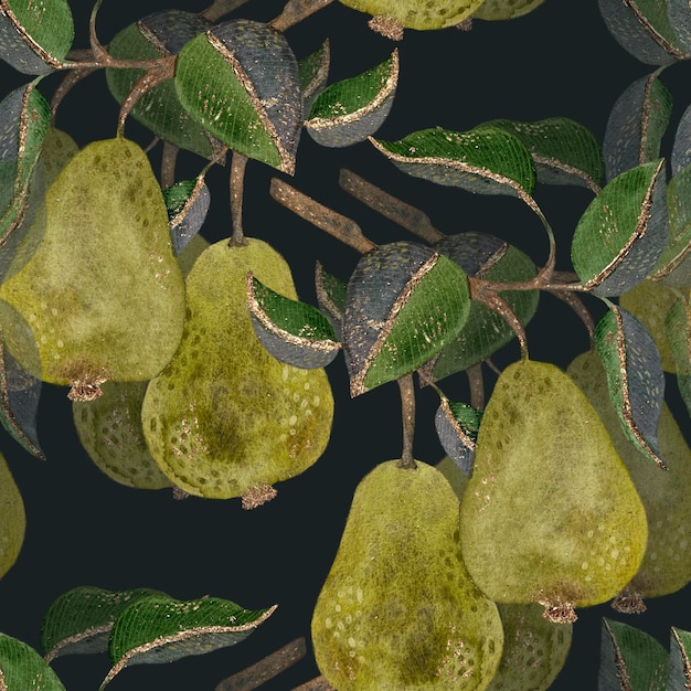 Photo yellowgreen pears on branches with green foliage watercolor seamless pattern on a black background