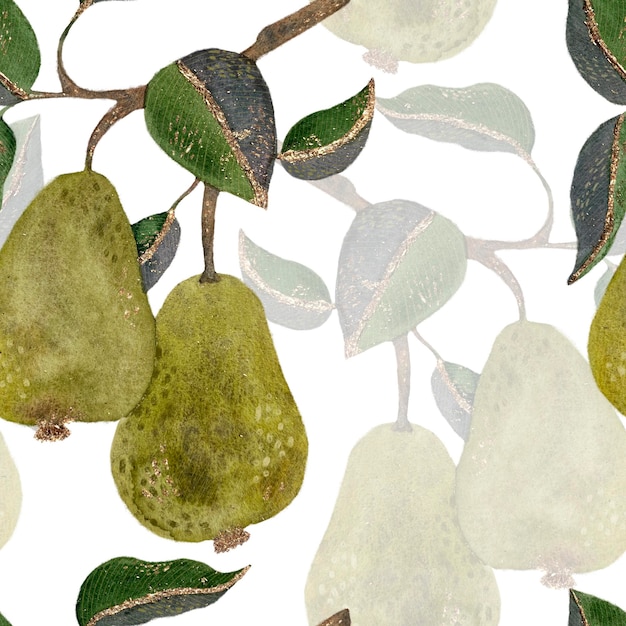 Yellowgreen pears on branches with green foliage watercolor seamless pattern on a white background