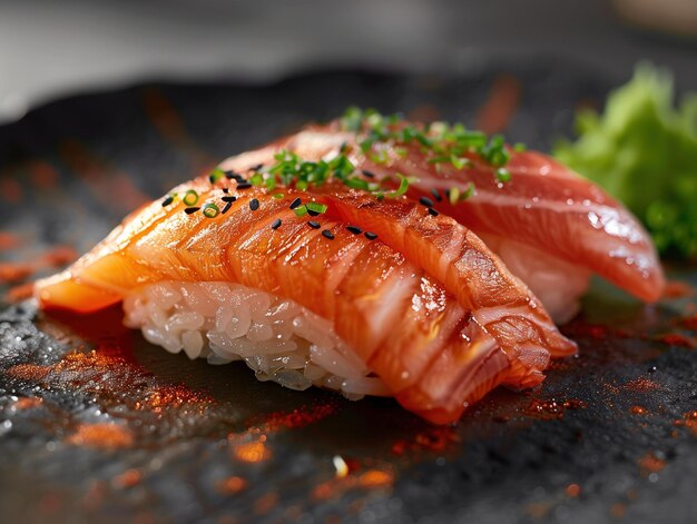 Yellowtail Nigiri sushi on ceramic plate dark background Japanese cuisine