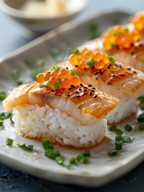 Yellowtail Nigiri sushi with sesame close up Japanese sushi on ceramic plate