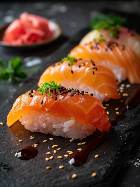 Yellowtail Nigiri sushi with sesame on dark background Japanese gourmet dish