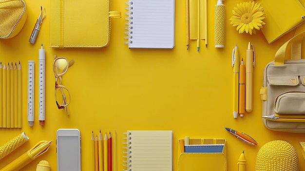 Yellowthemed Office Supplies and Stationery Flatlay with Notebooks Pens Pencils and Organizers