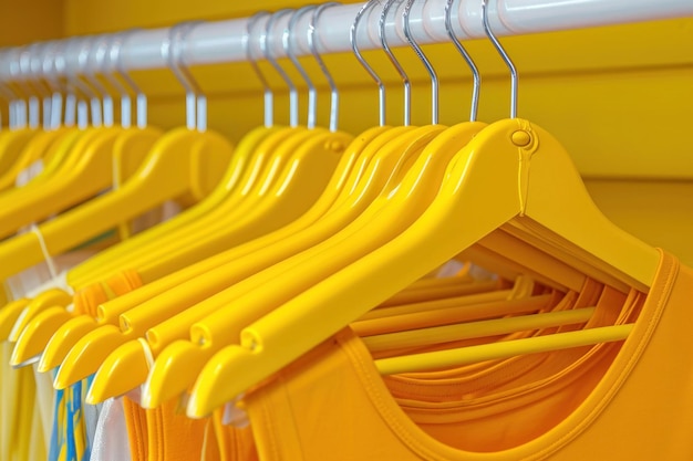 Yellowthemed room with clothes hanging on hangers one of which is a yellow shirt