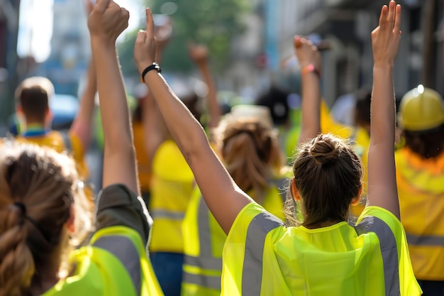 Photo yellowvest wearing construction workers raise their hands in the air generative ai