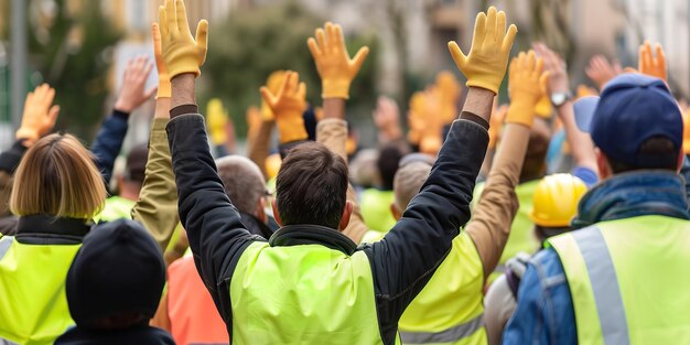 Photo yellowvest wearing construction workers raise their hands in the air generative ai