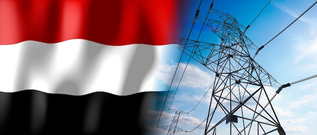 Yemen country flag and electricity pylons 3D illustration