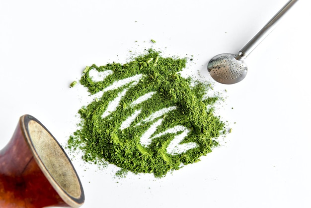 Yerba mate on white background and accessories for chimarrao mate tea