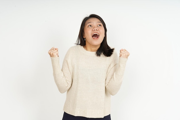 Yes Winning Gesture of Beautiful Asian Woman Isolated On White Background