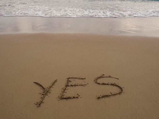 Yes written in sand on sea beach texture