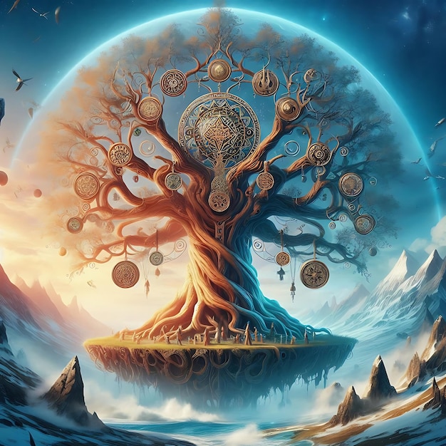 Photo yggdrasil the tree of life is a legendary figure from norse mythology