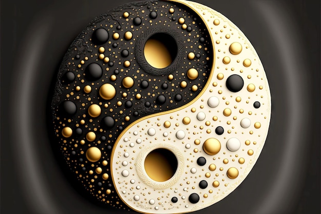 Photo yinyang from creamcoal drops with arnament and dots of gold and black color