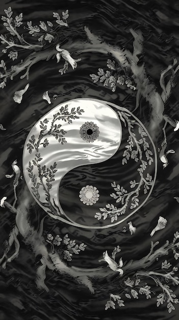 Photo yinyang symbol in dark water whirlpool depicting branches leaves of trees and birds