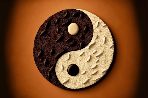 Yinyang symbol from rice on brown background