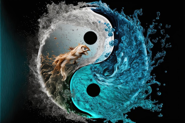 Yinyang symbol in marine theme with fish on black background