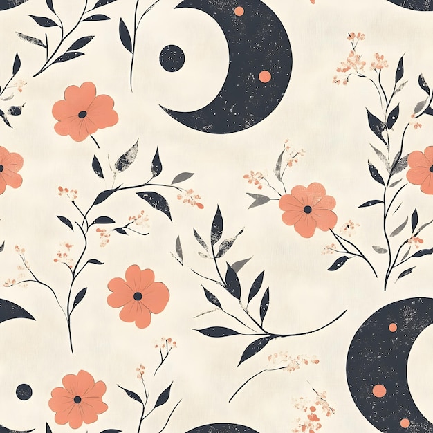 YinYang Symbols and Minimalist Floral Elements in Seamless Pattern for Modern Wallpaper