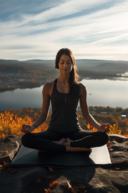 Yoga Amidst Autumn Splendor A Woman Finds Serenity on a Hilltop Engaging in Yoga Poses as She Absorb