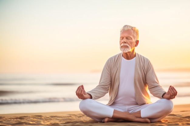 Yoga at beach Senior bearded man in lotus pose sitting on sand beach