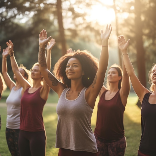 Yoga class doing breathing exercise at park