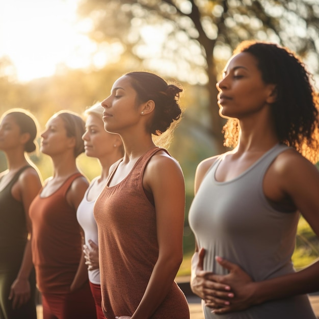 Yoga class doing breathing exercise at park