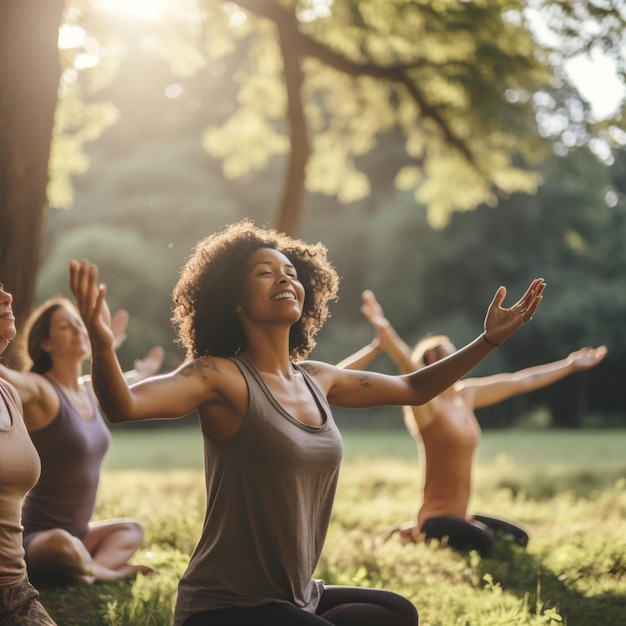 Yoga class doing breathing exercise at park