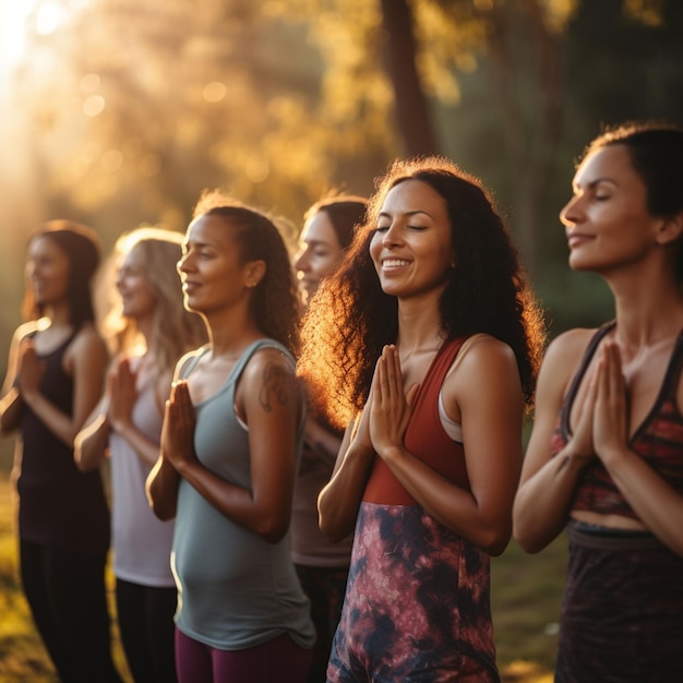 Yoga class doing breathing exercise at park