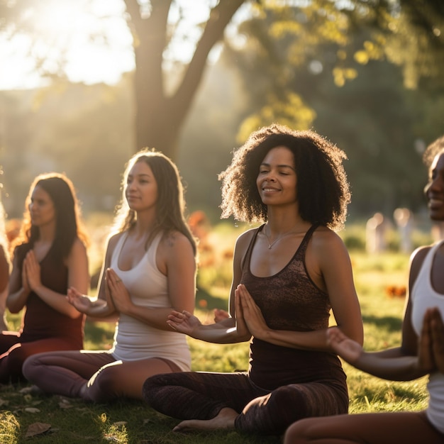 Yoga class doing breathing exercise at park