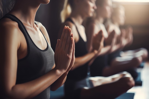 During yoga class practitioners use selective focus closeup meditation to center their attention on the present moment finding inner peace and calmness Generative AI