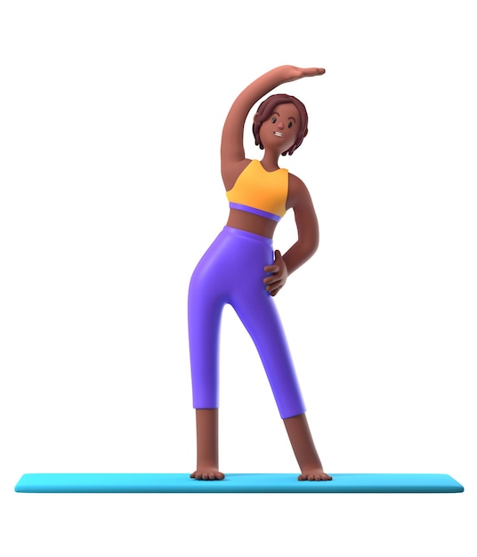 Yoga darkskinned girl in standing position on white background cartoon female 3d charcter