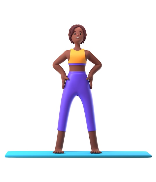 Yoga darkskinned girl in standing position on white background cartoon female 3d charcter