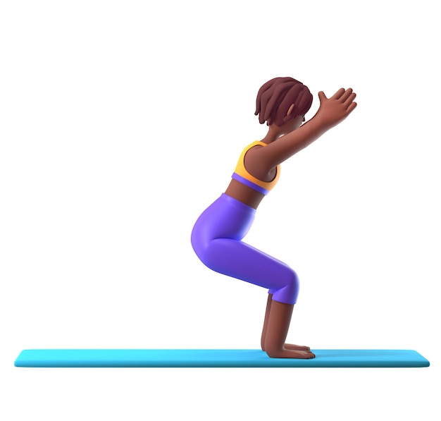 Yoga darkskinned girl in standing position on white background cartoon female 3d charcter