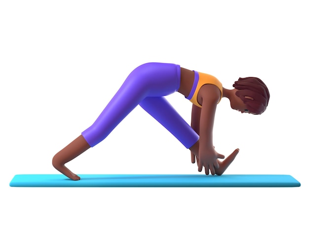 Yoga darkskinned girl in standing position on white background cartoon female 3d charcter