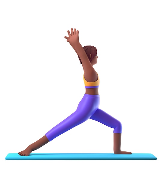 Yoga darkskinned girl in standing position on white background cartoon female 3d charcter