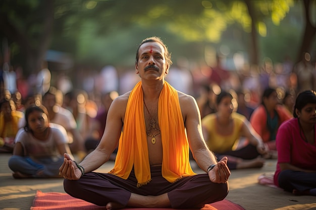 Yoga festival in India Participants practicing yoga poses amidst natural surroundingsGenerated with AI