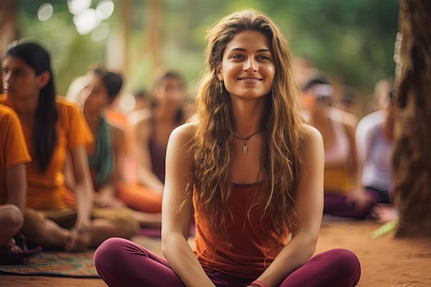 Yoga festival in India Participants practicing yoga poses amidst natural surroundingsGenerated with AI