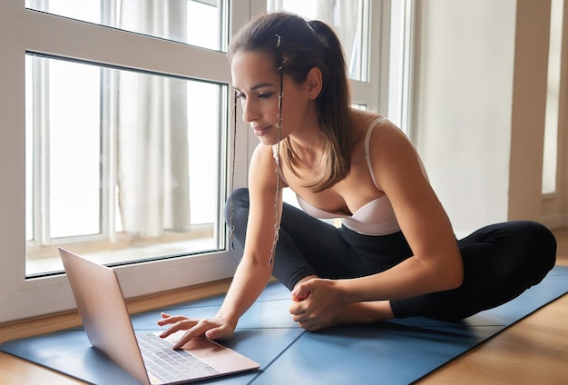 Yoga lessons online Positive yoga girl doing morning practice in front of laptop at home