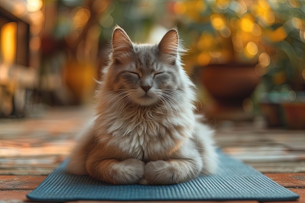 Yoga master kitten a cat in a perfect yoga pose complete with a tiny yoga mat and a serene expression embracing the tranquility of a morning yoga session