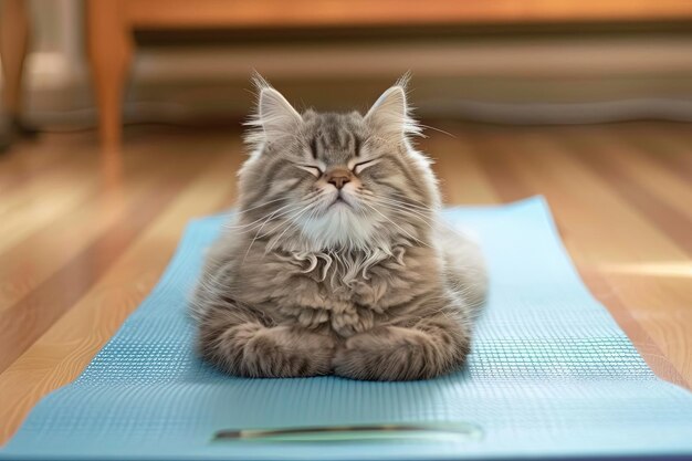 Yoga master kitten a cat in a perfect yoga pose complete with a tiny yoga mat and a serene expression embracing the tranquility of a morning yoga session