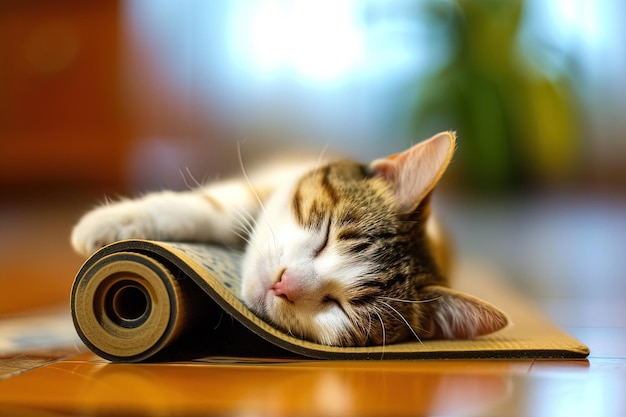 Yoga master kitten a cat in a perfect yoga pose complete with a tiny yoga mat and a serene expression embracing the tranquility of a morning yoga session