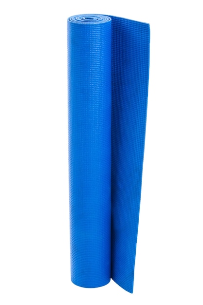 Yoga mat isolated on a white background. Blue gymnastic mat.