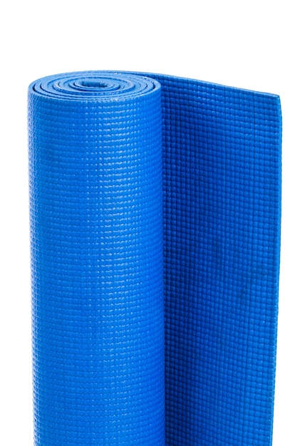 Yoga mat isolated on a white background. Blue gymnastic mat.