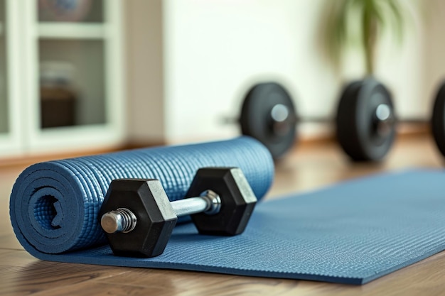 Yoga Mat Paired With Dumbbells Ready For Effective Athome Workouts