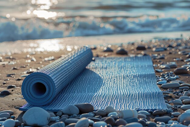 Yoga Mat Placed on the Beach with Ocean Background