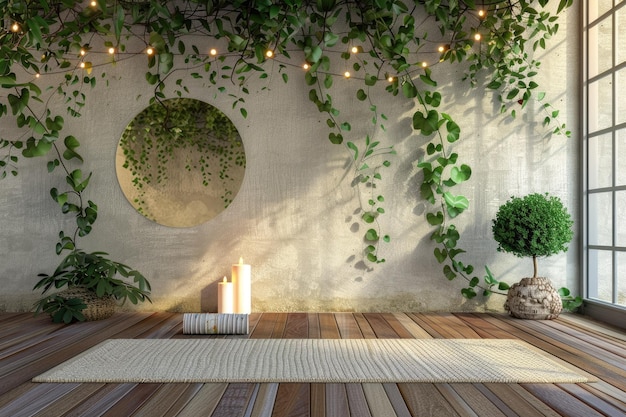 Yoga Mat Room with Plant Scented Candle and Mirror