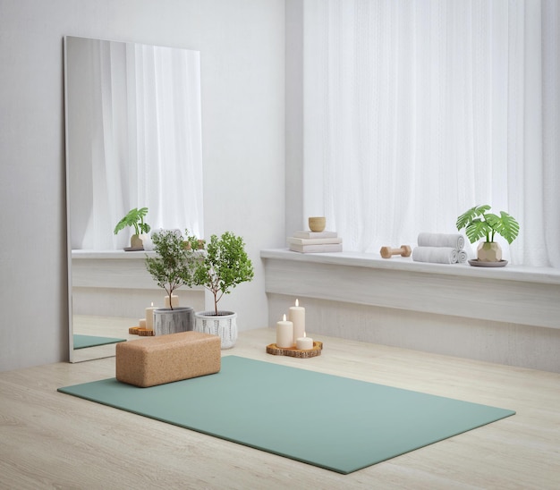 Yoga mat in yoga room with plant scented candle and mirror