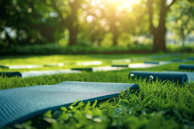 Yoga mats laid out on vibrant green grass under the sun