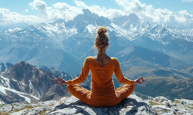 Yoga on Mountain Ridge with Snowy View