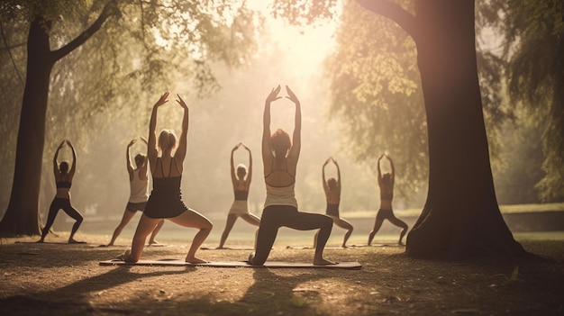 Yoga in the park with the sun shining on the trees