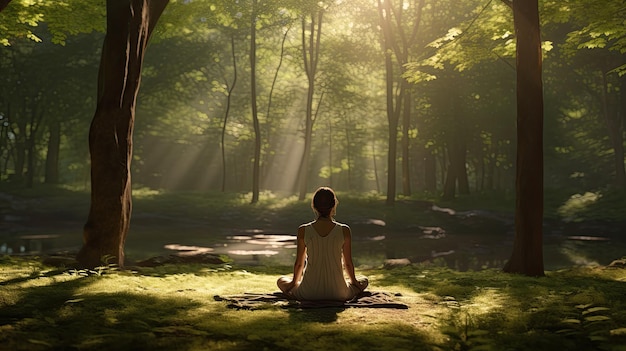 A yoga practicioner in a serene forest ultra realistic