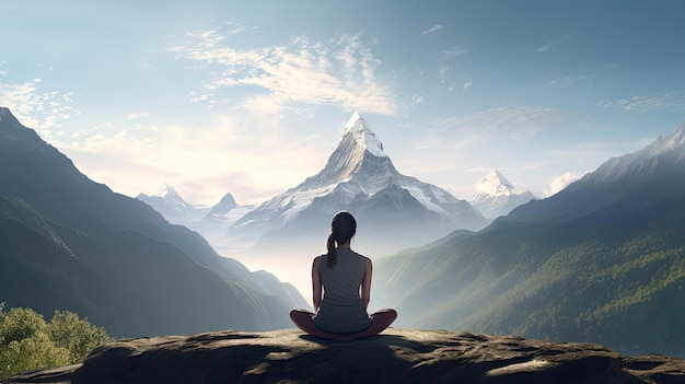 A yoga practicioner in a tranquil mountains ultra realistic